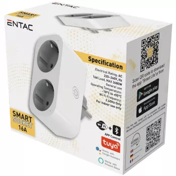 ENTAC pametni Wi-Fi adapter z dvojno vtičnico ES-DSA-WIBLE, bel, 2 vtičnici, 3680 W