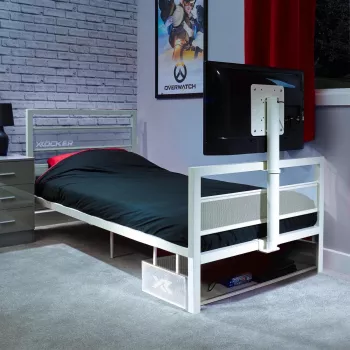 XROCKER igralna enojna postelja 90x190cm s kovinskim nosilcem za TV, bela
