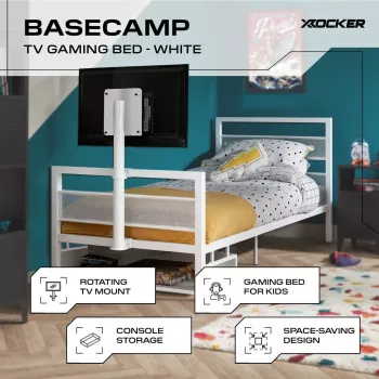 XROCKER igralna enojna postelja 90x190cm s kovinskim nosilcem za TV, bela