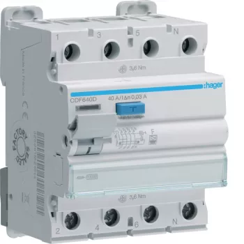 Hager CDF640D zaščitno stikalo na diferenčni tok 4-polno 10kA 40A 30mA tip F