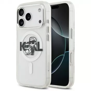 Karl Lagerfeld IML Glitter Karl & Choupette Sketch Logo ovitek MagSafe za iPhone 17 Pro, prozoren