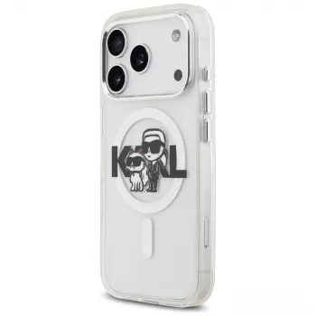 Karl Lagerfeld IML Glitter Karl & Choupette Sketch Logo ovitek MagSafe za iPhone 17 Pro, prozoren