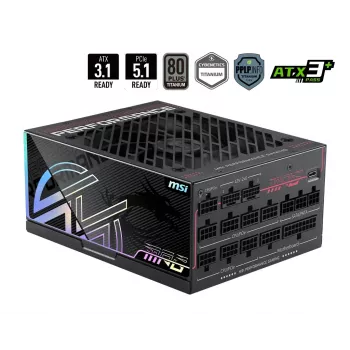 MSI MPG Ai1300TS PCIE5 1300W ATX 3.1 80 PLUS Titanium popolnoma modularno napajanje, črno