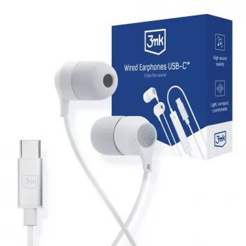 3mk žične slušalke USB-C, ušesne z mikrofonom, bele