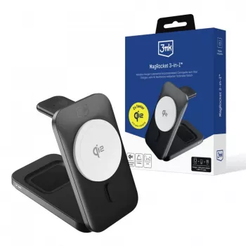 3MK MagRocket 3-in-1 15W brezžična polnilna postaja, združljiva z MagSafe, za iPhone, Apple Watch, AirPods – črna