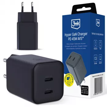 3MK Hyper polnilnik PD 45W GaN AVS QC4+ PPS AFC FCP DCP 2C, črn