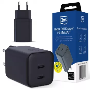 3MK Hyper polnilnik PD 45W GaN AVS QC4+ PPS AFC FCP DCP 2C, črn