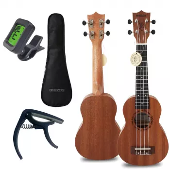 MOZOS GECKO sopran ukulele komplet – naravni les, 12 prečk, najlonske strune, vključno z gigbag, uglaševalnikom, trsnicami, jermenom, nadomestnimi strunami, krpo za čiščenje