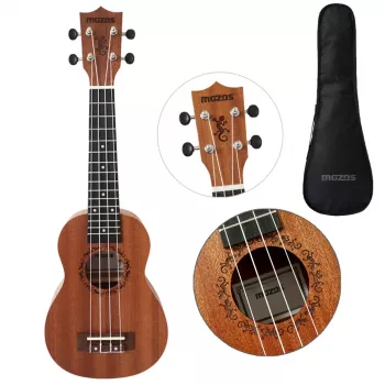 MOZOS GECKO sopran ukulele komplet – naravni les, 12 prečk, najlonske strune, vključno z gigbag, uglaševalnikom, trsnicami, jermenom, nadomestnimi strunami, krpo za čiščenje