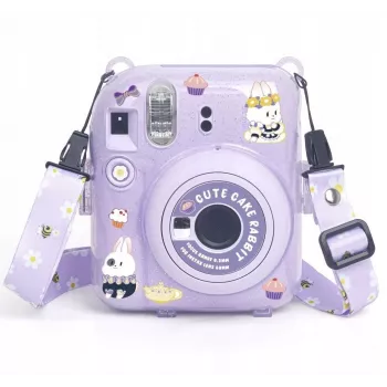 LOVEINSTANT zaščitni ovitek za Fujifilm Instax Mini 12 - dizajn Sweet Rabbit, vijolične bleščice, z nalepkami in torbico za fotografije