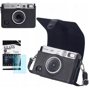 LOVEINSTANT komplet 2 v 1: zaščitni ovitek in kaljeno steklo za zaščito zaslona za Fujifilm Instax Mini Evo – črn