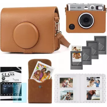 LOVEINSTANT komplet 5 v 1: zaščitni ovitek + kaljeno steklo + fotoalbum s 64 žepki + torbica za fotografije + okvirji za Fuji Instax Mini Evo / rjava