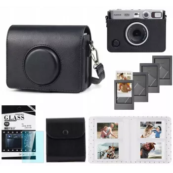 LOVEINSTANT komplet 5 v 1: ovitek + kaljeno steklo + album s 64 žepki + torbica za fotografije + okvirji za Fuji Instax Mini Evo / črna