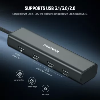 NEEWER PS020E USB-C zvezdišče 4-v-1 s 5x USB-C 10Gbps 100W PD, držalom za hladno čevljo in 1/4 inch navojem