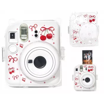 LOVEINSTANT trda zaščitna torbica za Fujifilm Instax Mini 12 – vzorec rdečih češenj z naramnim jermenom