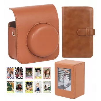 LOVEINSTANT komplet 4-v-1: torbica za kamero, foto album, škatla za shranjevanje, nalepke za Fuji Instax Mini 41 - rjava