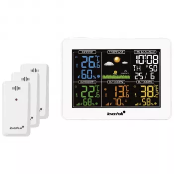 Levenhuk Wezzer PLUS LP60 vremenska postaja z barvnim LCD-zaslonom, brezžičnim zunanjim senzorjem, spremljanjem temperature in vlage, vremensko napovedjo, budilko