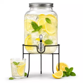 Adler AD 6741 posoda za pijačo s pipico in kovinskim stojalom, 4 l, soda-lime steklo, navojni pokrov, priložena rezervna pipica