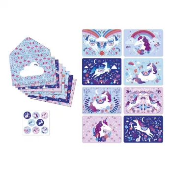 Janod Dreamland samorog pisarniški set 40 kosov - vabila, zahvalne kartice, ovojnice, nalepke, pero