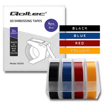 Qoltec set 4 trakov za reliefno tiskanje za DYMO Omega | 9mm x 3m | 4 barve | samolepilni