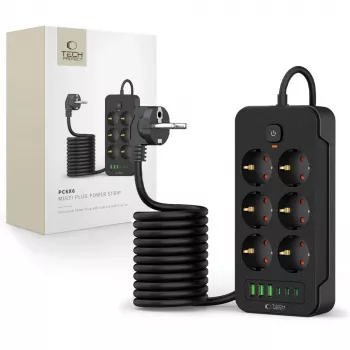 TECH-PROTECT PC6X6 podaljšek 3 USB in 3 Type-C in 6 vtičnic 200cm, črn