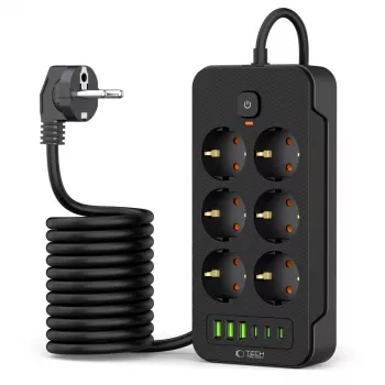 TECH-PROTECT PC6X6 podaljšek 3 USB in 3 Type-C in 6 vtičnic 200cm, črn