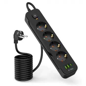 TECH-PROTECT PCL4X3 podaljšek z 2 USB in 1 Type-C ter 4 vtičnicami 200cm črn