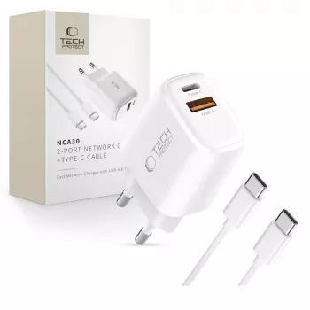 TECH-PROTECT NCA30 2-portni omrežni polnilnik PD 30W / QC3.0 + kabel USB-C bel