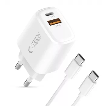 TECH-PROTECT NCA30 2-portni omrežni polnilnik PD 30W / QC3.0 + kabel USB-C bel