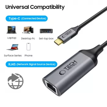 TECH-PROTECT ULTRABOOST adapter USB-C na Ethernet RJ45, 1000 Mbps, črn