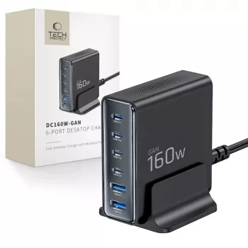 TECH-PROTECT DC160W-GAN 6-portni namizni polnilnik PD 160W / QC3.0, črn