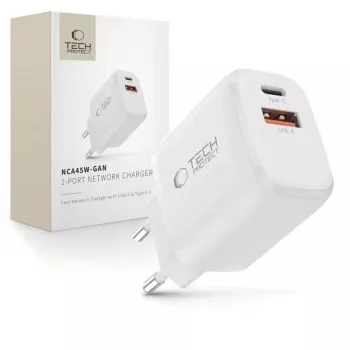 TECH-PROTECT NCA45W-GAN 2-portni omrežni polnilnik PD 45W / QC3.0, bel