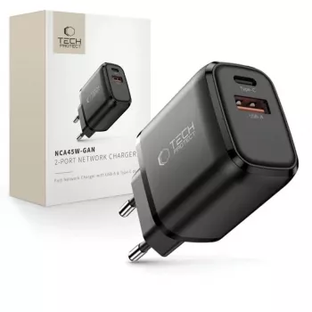 TECH-PROTECT NCA45W-GAN 2-portni omrežni polnilnik PD 45W / QC3.0, črn