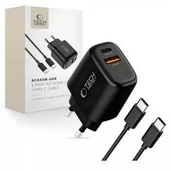 TECH-PROTECT NCA45W-GAN 2-Port omrežni polnilnik PD 45W / QC3.0 + kabel Type-C črn
