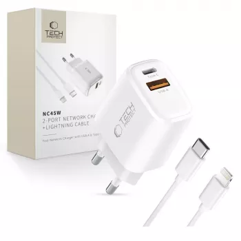 TECH-PROTECT NCA45W-GAN 2-portni omrežni polnilnik PD 45W / QC3.0 + kabel Lightning, bel