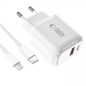TECH-PROTECT NCA45W-GAN 2-portni omrežni polnilnik PD 45W / QC3.0 + kabel Lightning, bel