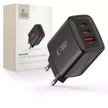 TECH-PROTECT NCA65W-GAN 3-portni omrežni polnilnik PD 65W / QC3.0, črn