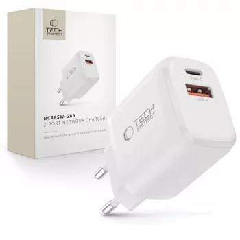 TECH-PROTECT NCA65W-GAN 2-portni omrežni polnilnik PD 65W / QC3.0, bel