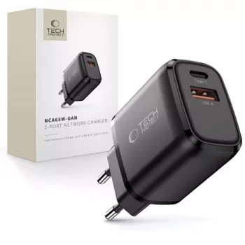 TECH-PROTECT NCA65W-GAN 2-portni omrežni polnilnik PD 65W / QC3.0, črn