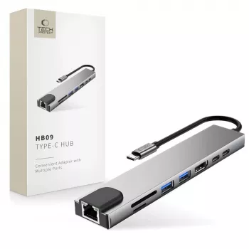 TECH-PROTECT HB09 8-v-1 hub adapter USB-C na USB-A 3.0, USB-C 3.0, HDMI 4K 60Hz, SD/TF, PD 100W, RJ45 gigabitni Ethernet, sivo srebrna