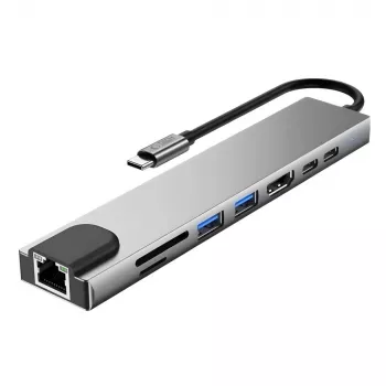 TECH-PROTECT HB09 8-v-1 hub adapter USB-C na USB-A 3.0, USB-C 3.0, HDMI 4K 60Hz, SD/TF, PD 100W, RJ45 gigabitni Ethernet, sivo srebrna