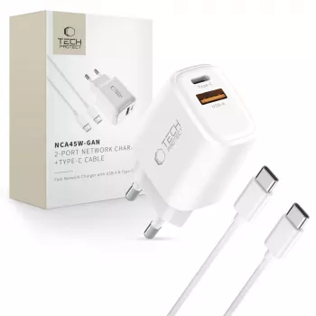TECH-PROTECT NCA45W-GAN 2-portni omrežni polnilnik PD 45W / QC3.0 + kabel USB-C, bel