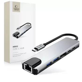 TECH-PROTECT HB02 hub adapter 6 v 1 USB-C + USB 2.0 + USB 3.0 + HDMI 4K 30Hz + RJ45 + PD 100W vesoljsko siv