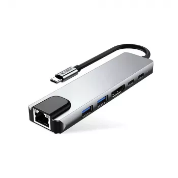 TECH-PROTECT HB02 hub adapter 6 v 1 USB-C + USB 2.0 + USB 3.0 + HDMI 4K 30Hz + RJ45 + PD 100W vesoljsko siv