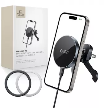 TECH-PROTECT MM15W-V5 Magnetic MagSafe stabilno avtomobilsko držalo za zračnik z brezžičnim polnilnikom 15W, črno/črno