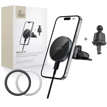 TECH-PROTECT MM15W-V5 magnetno držalo za CD in zračnik za avto MagSafe, brezžični polnilnik 15W črn