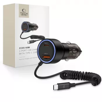 TECH-PROTECT CC05 avtomobilski polnilnik s 2 vrati PD 60W + kabel, črn