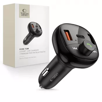 TECH-PROTECT CC06 3-portni avtomobilski polnilnik PD 72W + FM-oddajnik Bluetooth črn