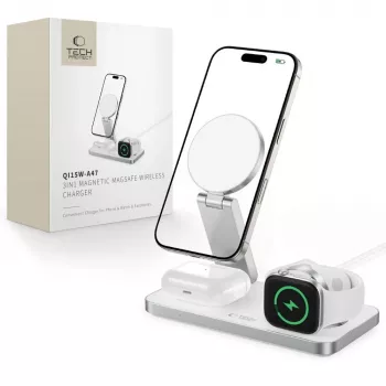 TECH-PROTECT QI15W-A47 3 v 1 magnetni MagSafe brezžični polnilnik bel
