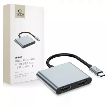 TECH-PROTECT HB08 hub adapter 4 v 1 USB-C + USB 2.0 + 2x HDMI 4K 60Hz vesoljsko siva